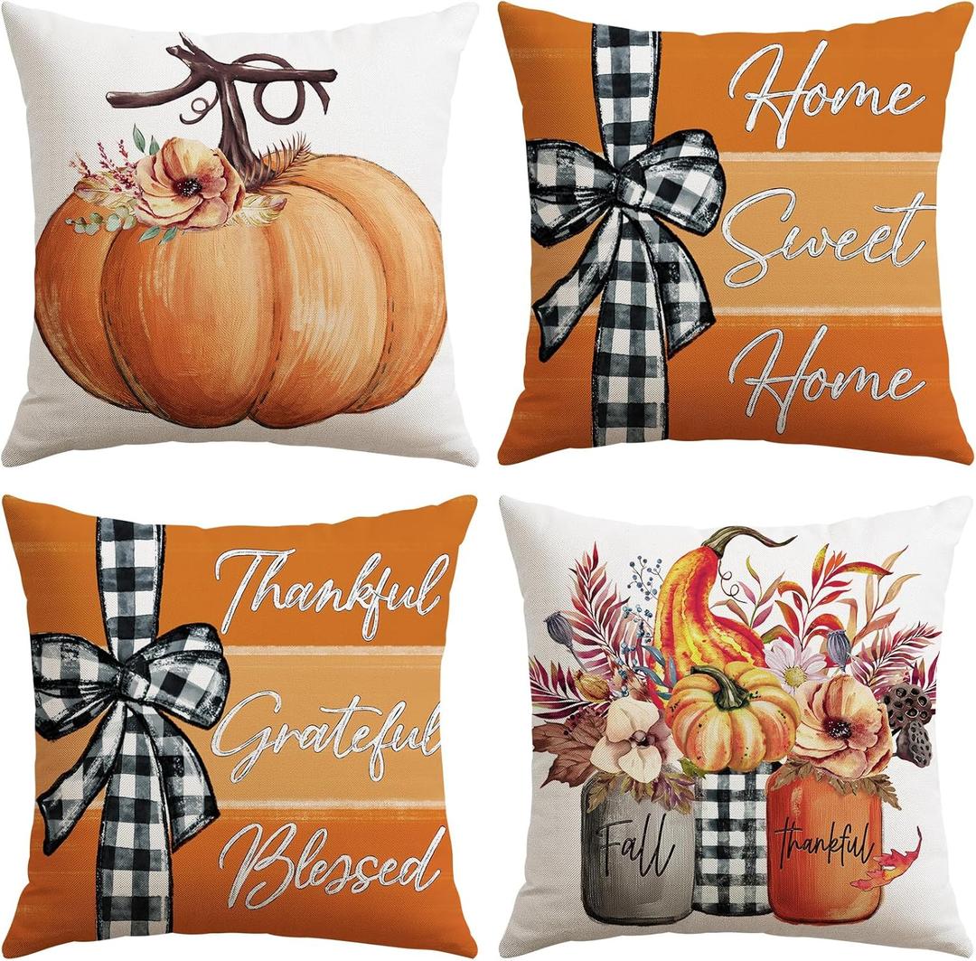 Artscope Fall Decorative Throw Pillow Covers 18x18 Inch Set of 4 Fall Gifts for Home Decor, Autumn Pumpkin Sweet Home Thankful Grateful Blessed Outdoor Farmhouse Pillow Cases for Sofa Couch-Orange