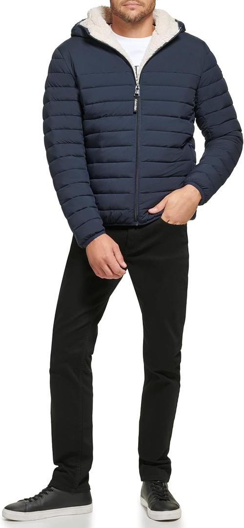 Calvin Klein mens Lightweight Packable Down Jacket With Sherpa Lining (Small, Hooded Down True Navy)