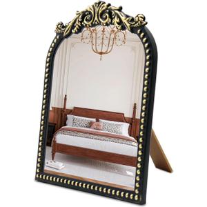 Vintage Vanity Makeup Desk Mirror Antique Arched Black Table Mirrors for Dresser,Baroque Decor Ornate Standing Mirror for Living Room,Tabletop,Bedroom 12.1" x 9.8"