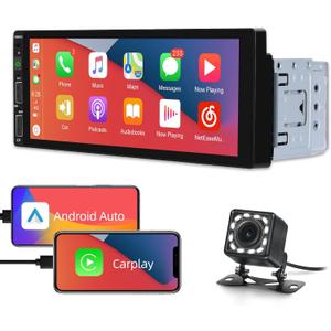 Single Din Car Stereo with Carplay and Android Auto - 6.86 inch Car Radio Touchscreen - EQ Setting Mirror Link SWC USB Charging Bluetooth FM + 12 LEDs Backup Camera