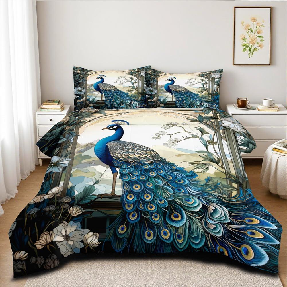 Blue Peacock Comforter Set Queen Size Bird and Floral Bedding Set Animal Feather Bedding Sets Victorian Style Flower Birds Comforters Soft Down Alternative Comforter Sets for All Season (Queen(90" x 90"))