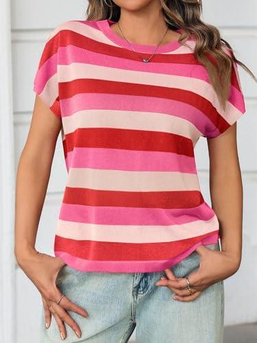 Saodimallsu Womens Striped Short Sleeve Tops Summer Casual Color Block Crew Neck Lightweight Loose Knit Shirts (Small, Black)