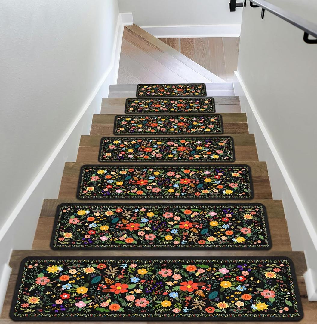 Floral Stair Treads for Wooden Steps, 13 Pack Black Stair Runners Non Slip Indoor 8" X 30", Washable Carpet Rugs with Silicone Backing for Kids Elders and Dogs
