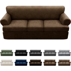 4-Piece T Cushion Sofa Slipcovers - Leather Look Couch Cover for 3 Cushion Couch - Furniture Protector - Stretch Sofa Cover with 3 Individual Seat Covers - Washable, Dark Brown