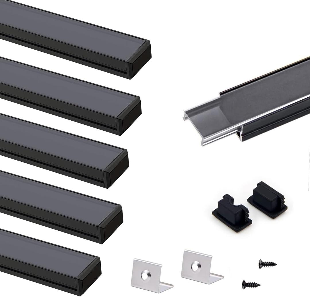 VST 6Pack 1ft Black LED Aluminum Channel with Black Smoky Transparent Cover U Shape 15x8mm, Led Strip Light Track with End Caps and Mounting Clips Accessories, for Led Strip Lights