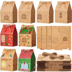 Harloon 48 Set Christmas Gingerbread Houses Coloring Kit Cardboard Gingerbread House DIY Craft Christmas Kraft Paper Gift Boxes with Ropes for Holiday Party Favor Decoration, 4.52 x 1.96 x 2.75 Inch