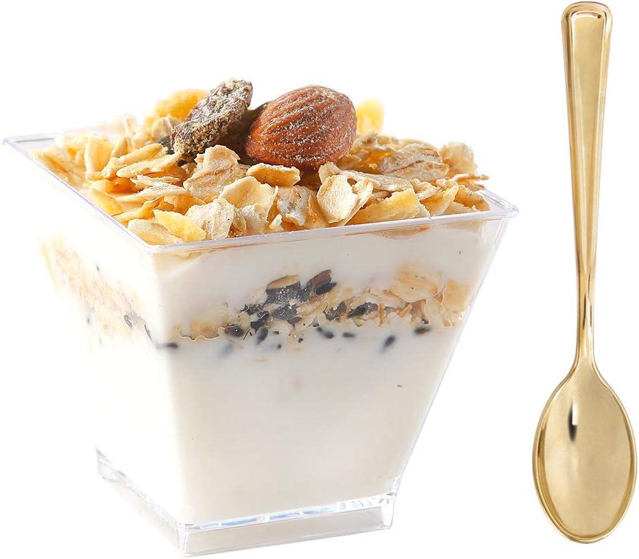 supernal 2oz Square Plastic Mini Dessert Cups with Gold Spoons,Parfait Appetizer Cup,100pcs Cups,100pcs Gold Spoons,Perfect for Birthday,Party,Wedding