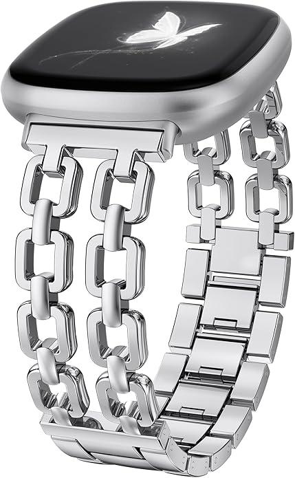 Wearlizer Metal Band Compatible with Fitbit Versa 4 Bands for Woman/Versa 3/Sense 2/Sense Bands Women, Dressy Chain Strap Designer Stainless Steel Bracelet Wristband, Silver