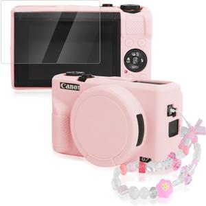 Seltureone for Canon PowerShot G7 X Mark III Case with Cute Charm Wrist Strap and Screen Protector, Built-in Lens Cap Protective Silicone Case for Canon PowerShot G7X Mark III Accessories - Pink