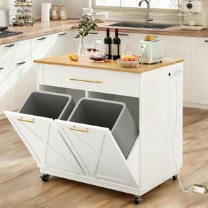 YITAHOME Double Tilt Out Garbage Cabinet with Power Outlet, Hidden Garbage Cabinet Fit 20-Gallon Bin, Pet-Proof Rolling Garbage Can Storage, Garbage and Recycling Island for Kitchen Dining Room, White