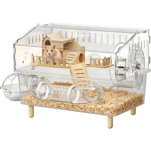 Acrylic Hamster Cage, 17.7"x11.8"x13", 8-in-1 2-Layer Hamster House with Full Transparent Viewing, Top Opening Design, Small Animal Habitat for Hamsters