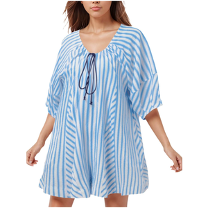 Women's Summer Trendy Romper Striped Casual Puff Sleeve Wide Leg Jumpsuit Oversized Short Drawstring Neck Beach Rompers , Size M
