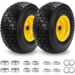 2PC 15x6.00-6 NHS Flat Free Front Lawn Mower Tire and Wheel, 3/4" Bearing with Extra 5/8", Compatible with Most John Deere 100 and 300 Series Mowers, 3"-4.4" Centered Hub, 700 lbs Load Capacity.