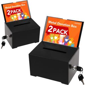 Tip Jar 2 PCS Suggestion Box with Slot and Lock Metal Donation Raffle Fundraising Cash Ballot Money Ticket Bartender Voting Prayer Comment Teacher Mailbox Booth Card Coin Classroom Restaurant Black