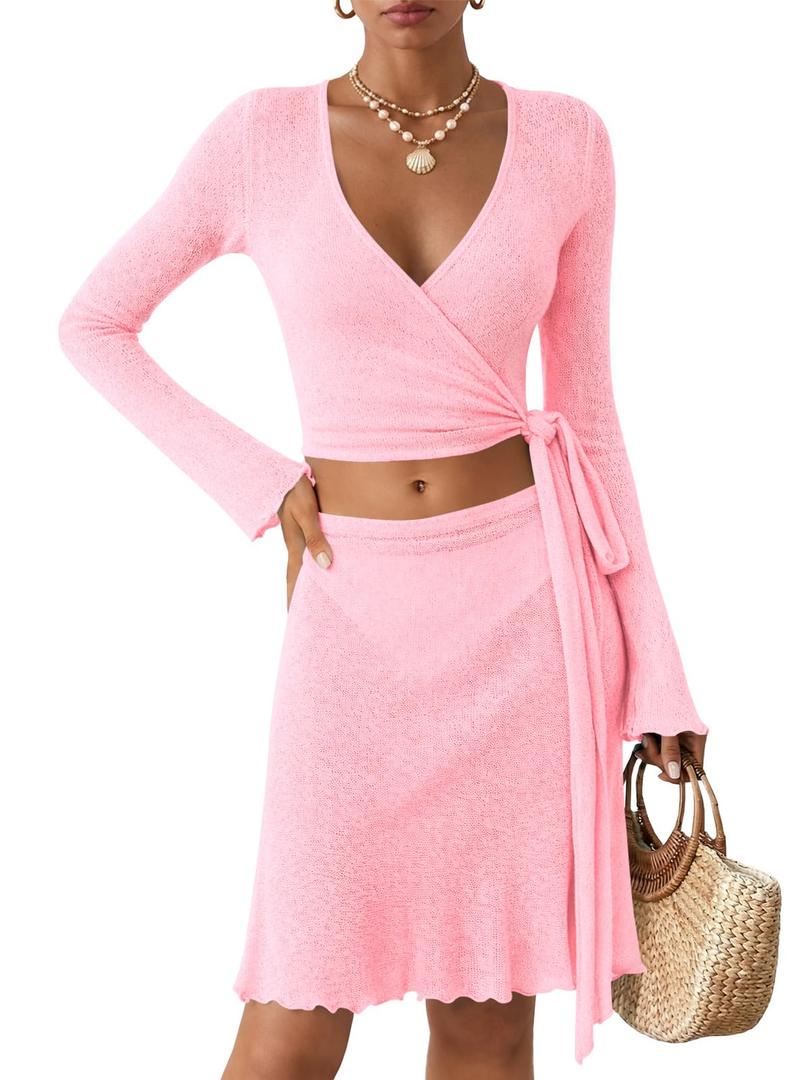 Saodimallsu Women Crochet Bathing Suit Cover Up Sheer Wrap Tie Crop Top Mini Skirt Set Bikini Cover Beachwear Pink