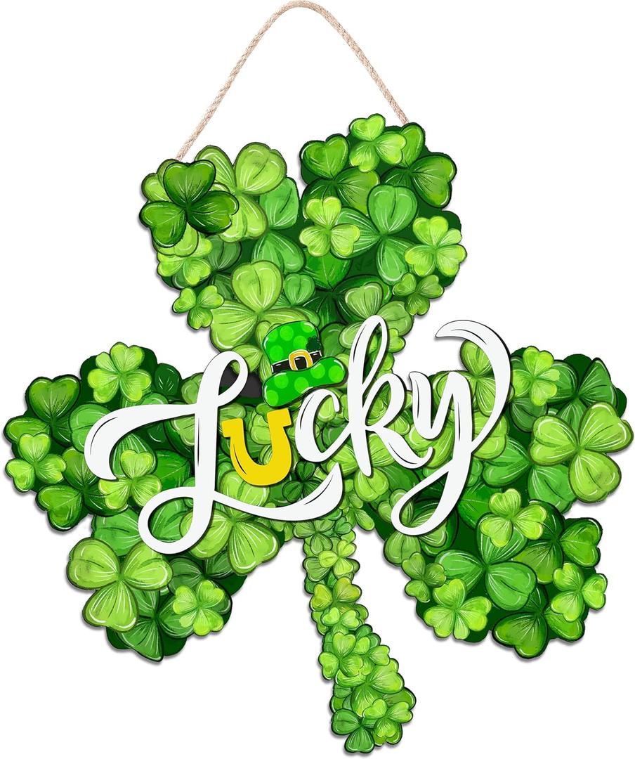 St. Patrick's Day Decorations Wooden Shamrock Door Wreath for Front Door Welcome Lucky Sign, Farmhouse St. Patrick's Decor Hanging Sign Outdoor Indoor Shamrock Clover Spring Wall Home Decor