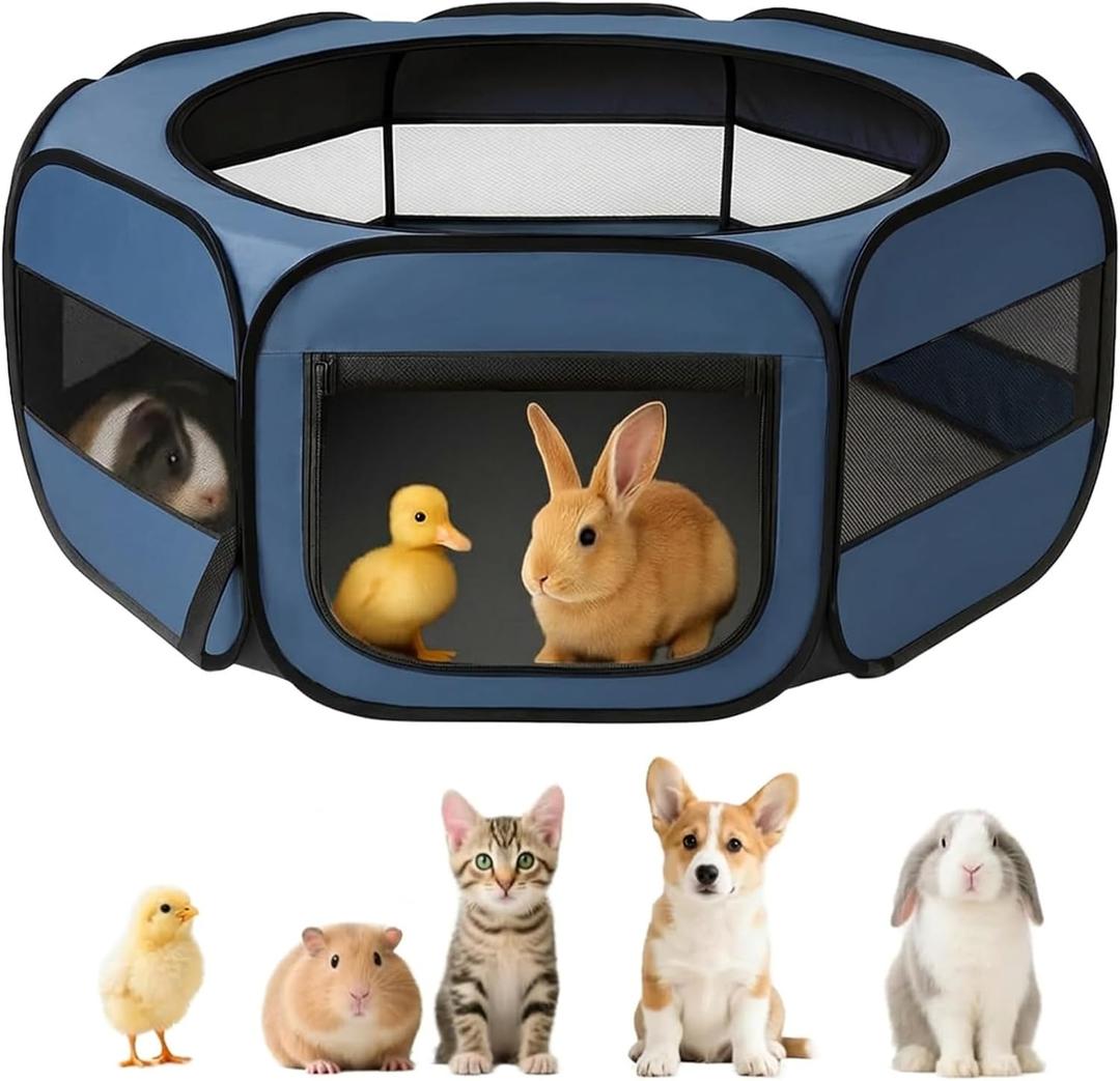 UWE Extra Large Small Animal Playpen, XL Portable Pet Playpen for Rabbit, Kitten, Guinea Pig, Hamster, Puppy Waterproof Foldable Mesh Tent with Zipper Cover, Indoor Outdoor Use, Blue