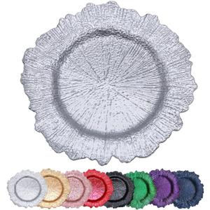 Silver Reef Charger Plates 13inch, Set 10PCS Plastic Floral Charger Plates Wedding for Dinner,Wedding,Party,Event,Decoration(Reef Silver10)