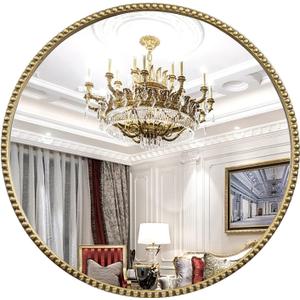 Round Bathroom Wall Mirror, 28"x28" Antique Gold Metal Beaded Frame Vanity Mirror, Wall Mounted Large Circle Makeup Mirror for Bedroom, Living Room, Entryway (28"L x 28"W, Gold Round)
