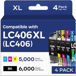 LC406XL Ink Cartridges for Brother Printer for LC406XL LC406 LC 406XL for Brother LC406 Ink Cartridges Compatible with MFC-J4335DW,MFC-J5855DW,MFC-J4535DW,MFC-J6555DW Printer (4 Pack)