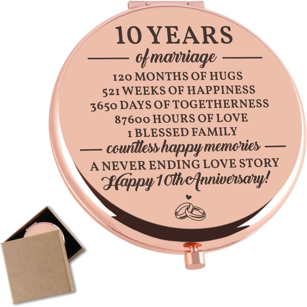 5 x 10 Years Anniversary Wedding Gifts for Her Rose Gold Compact Mirror Best Romantic Anniversary Marriage Gift 10th for Her Wife Girlfriend