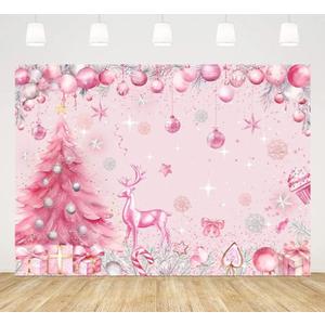 7x5ft Pink Merry Christmas Backdrop for Photography Pink Happy Birthday Happy New Years Background Supplies Christmas Trees Coloured Ribbon Deer Decorations Banner Photo Props