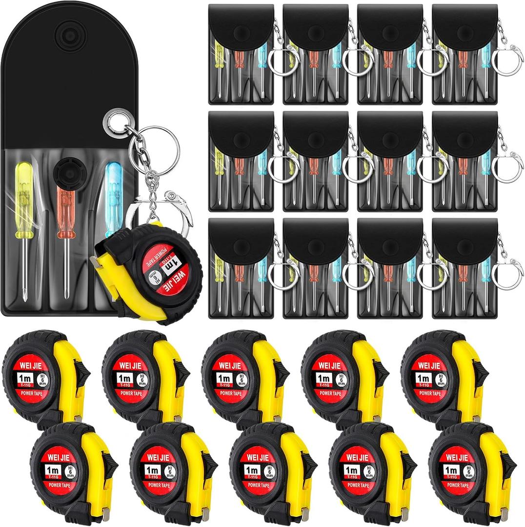 Jutom 24 Pcs Mini Tape Measure Keychain Bulk Mini Screwdriver Keychain Set Adult Tool Party Prize for Father's Men Gifts