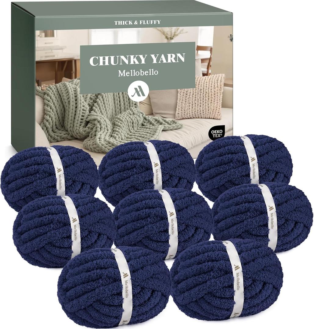 Jumbo Chunky Yarn for Hand Knitting - Super Thick Chenille Chunky Yarn for Crocheting - Extra Soft Bulky Fluffy Blanket Big Yarn 8 Jumbo Pack (27yds,8 oz Each Skein) Navy Blue