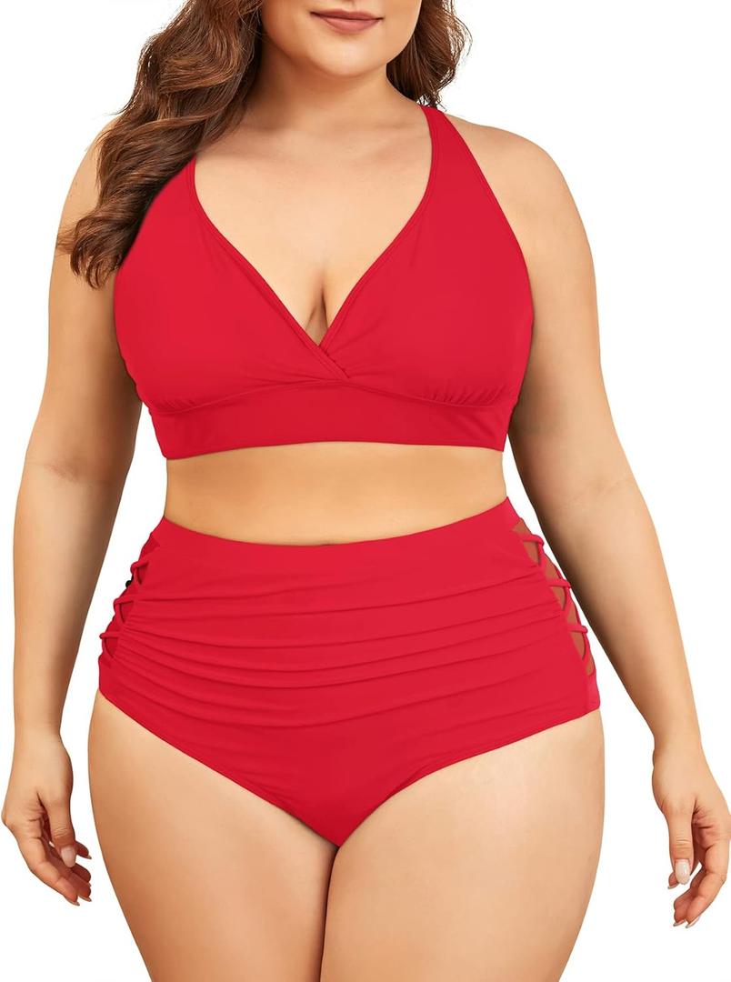 American Trends Womens Plus Size Bikini Two Piece Swimsuits Tummy Control Bathing Suits High Waisted Bikini Swimwear (Red) Large