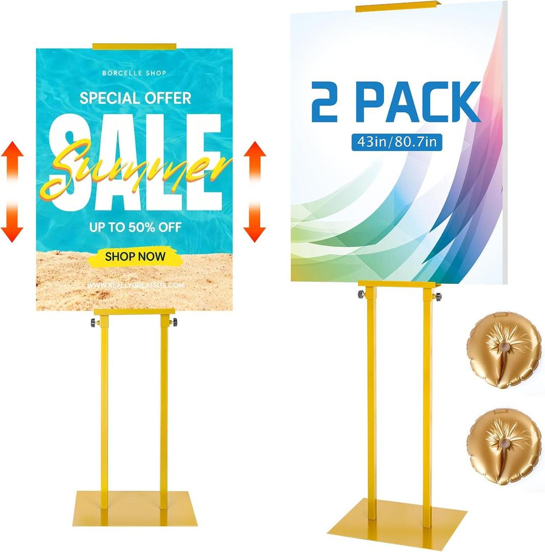 2 Pack Stand Heavy Duty Adjustable Pedestal Sign Holder, Poster Height 4.7 to 83 in for Double-Sided Foam Board Signs with Water-Filled Base for Stability, for Wedding Business Outdoor Events(Gold)