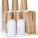 CroBlissful Acrylic Vertical Coffee Cup and Lid Dispenser, Coffee Condiment Organizer, 9 Compartment for Disposable Paper & Plastic Cup, for Cabinet Station Home Countertop Bar 13''l x 13''w x 12''h