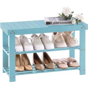 Apicizon Bamboo Shoe Rack for Entryway, 3-Tier Shoe Rack Bench for Front Indoor Entrance, Small Shoe Organizer with Storage, Blue, 27.6 Inches No Cushion