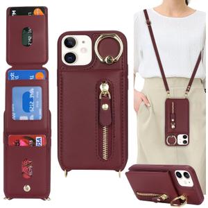 for iPhone 12 Mini Case with Card Holder for Women, for iPhone 12 Mini Phone Case Wallet with Strap Credit Card Slots Crossbody with Kickstand Zipper Case - Red Wine