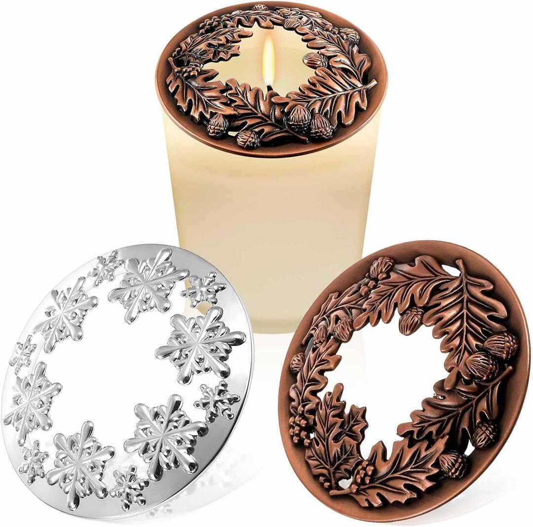 Moxweyeni 2 Pieces Candle Toppers to Burn Evenly Scented Jar Candles Mental Cover 2.85 Inch Christmas Leaf Pine Topper Lids Accessories Sleeves Gifts for Xmas Decorative Party Favor(Chic Style)