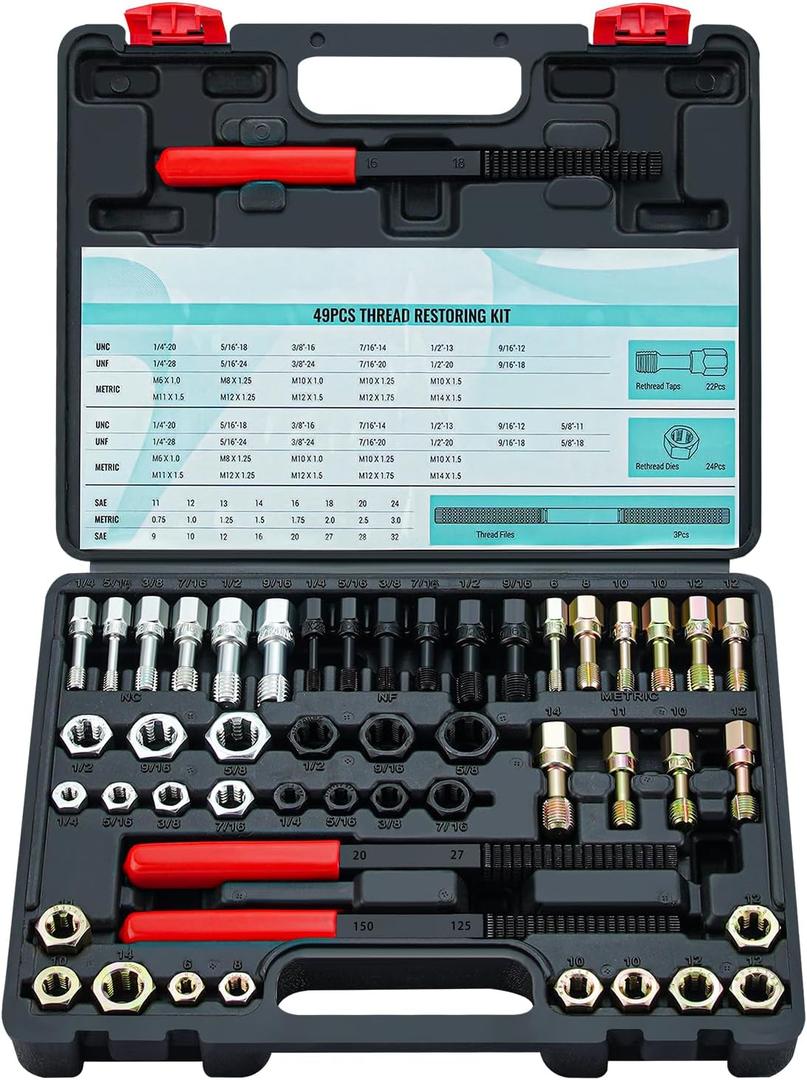 49pcs Thread Chaser Set Metric & SAE Thread Repair Kit with 22 Taps 24 Dies 3 Thread Files UNC UNF & Metric Thread Restorer Tool
