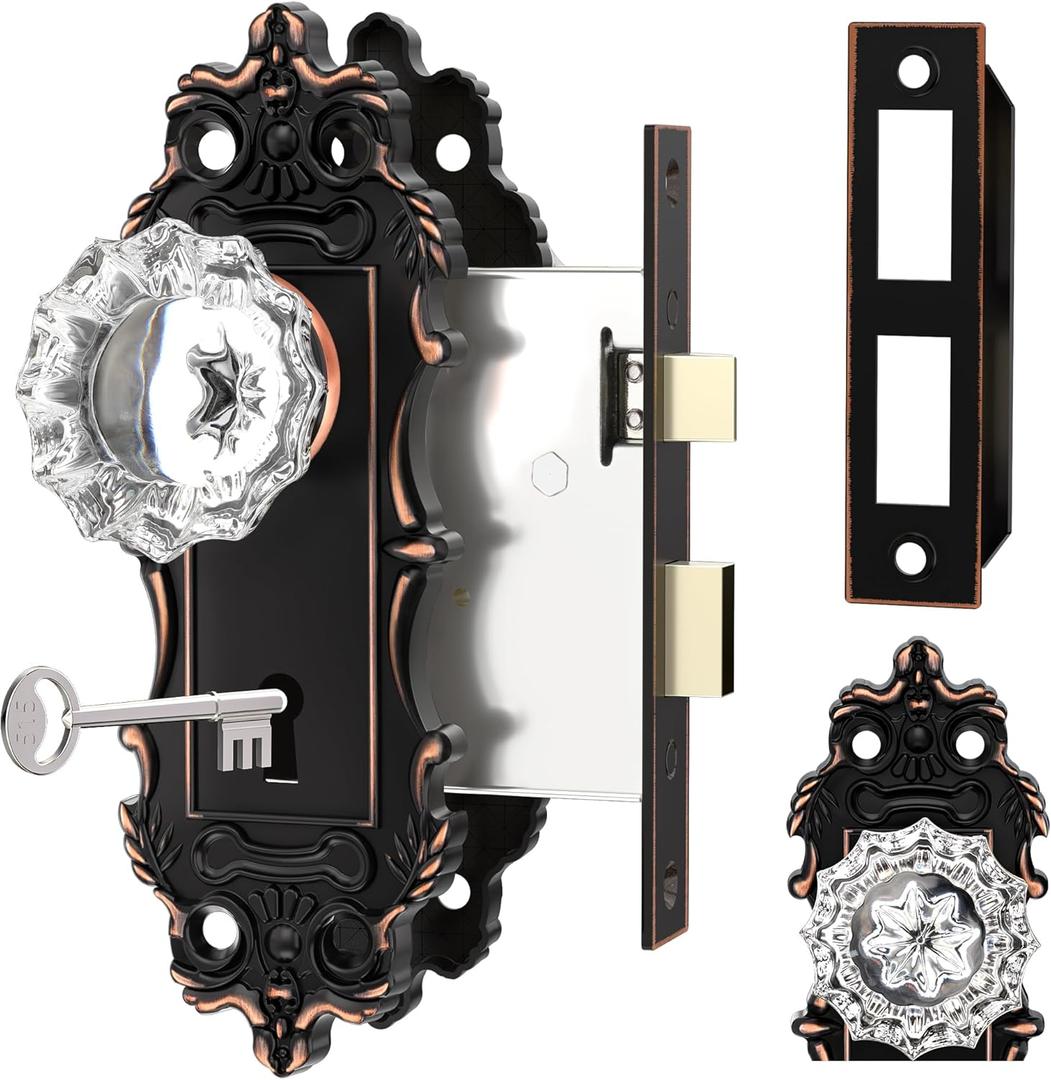 Antique Door Knobs Interior Mortise Lock Oil Rubbed Bronze Door Knob Crystal Glass Door Handle Vintage Skeleton Key Door Locks for Bedrooms Bathroom