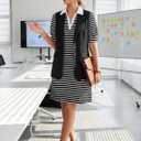 BLENCOT Women's Casual Polo V Neck T Shirt Striped Dress Summer Puff Short Sleeve MIdi Dresses (S)