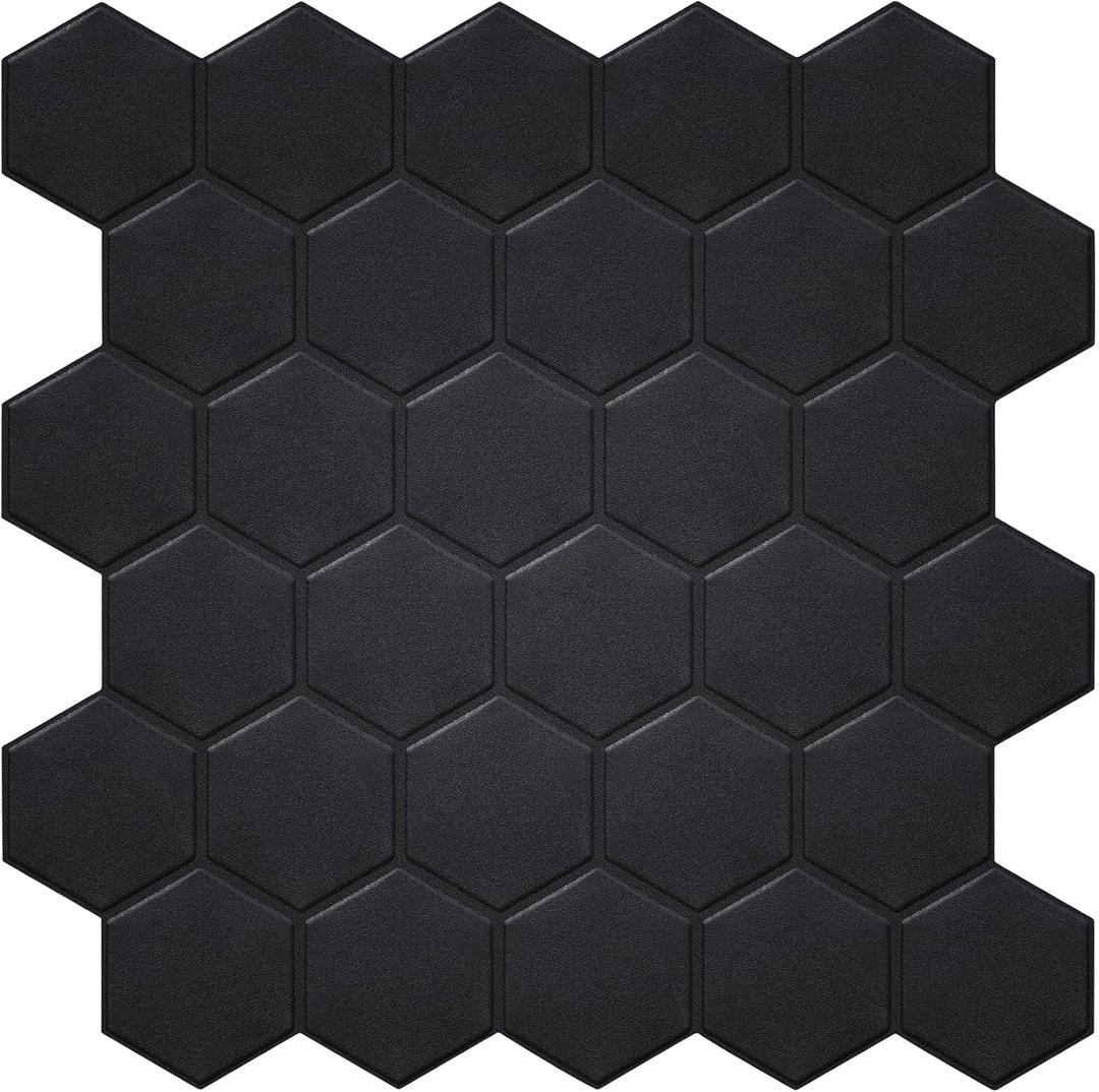 Matte Black Hexagon Peel and Stick Wall Tiles for Kitchen, Large Design 10-Sheet Stick on Backsplash for Bathroom, Kitchen, RV, etc12''12''.