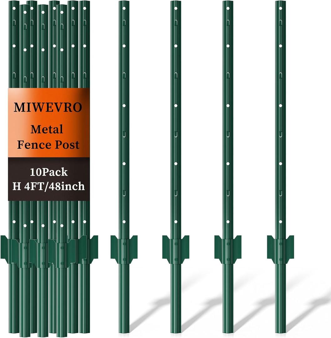 Fence Post 4 Feet / 48 Inch, Pack of 10, Heavy Duty Metal Fence Posts, No Dig U Post with U-Channel, Adjustable Tabs & Anchor Plate, Rust-Proof Steel Fence Stakes for Garden, Farm, Lawn, Poultry