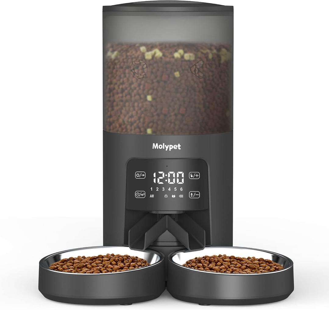 Automatic Cat Feeders for 2 Cats - 6L Food Dispenser with Double Bowls, Programmable Timed Feeder up to 6 Meals per Day with 10S Voice Recorder, Support Dual Power Supply