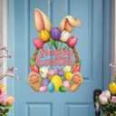 Yinkin Happy Easter Door Decoration Easter Wreaths for Front Door Bunny Floral Bucket Hanging Sign Welcome Wood Sign Wall Hanging Eggs Plaque Decoration for Shop Garden Home Party Supplies(Bunny Ear)