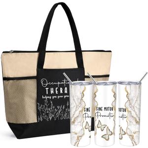 Buryeah 2 Pcs The Occupational Therapy Gift Fine Motor Promoter 20 oz Marble Sign Tumbler with Lid Large Tote Bag with Mesh Pockets OT Month Thank You Gift for Mental Healthy Psychology(White)