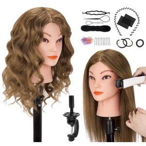 Mannequin Head with 100% Real Human Hair, Beauty Star 18" Gold Brown Hair Art Manikin Cosmetology Head, Doll Manican Head to Practice Hair Styles, Hairdressing Training Head and Stlyist Suppliew