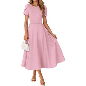 MEROKEETY Women's 2026 Summer Midi Dresses Short Sleeve Crewneck A Line Pleated Wedding Guest Flowy Long Dress with Pockets (Pink, S)