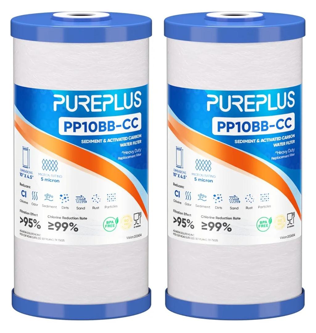 PUREPLUS 5 Micron 10" x 4.5" Whole House Sediment and Carbon Water Filter Replacement Cartridge for GE FXHTC, GXWH40L, GXWH35F, GNWH38S, Culligan RFC-BBSA, WRC25HD, PP10BB-CC, Pentek RFC-BB, 2Pack