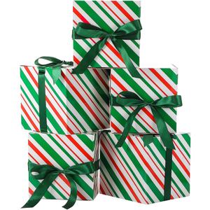 MotiMind 5 Pack Red and Green Striped Christmas Gift Boxes with Lids 7x7x7 Square Gift Box with Ribbons for Wrapping Christmas Presents Wedding Bridesmaid Holiday Party Favor Boxes
