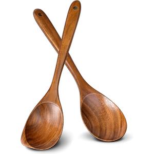 2Pcs Wooden Spoons for Cooking, Natural Premium Teak Wood Spoon & Corner Spoon, Good Grip Large Cooking Spoons Spatula, Heat Resistant Wooden Kitchen Cooking Utensils Set for Nonstick Cookware