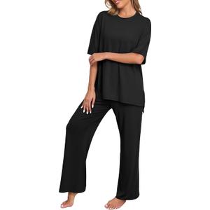 PrinStory Women's Pajamas Sets 2 Piece Lounge Set Short Sleeve Tops and Long Pants Soft Pjs Loungewear with Pockets (Black, XXL)