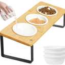 Sunhoo Elevated Cat Bowls for Indoor Cats Raised Tilted Food Water Kitty Dish Stand with 6 Ceramic Bowl Set Orthopedic Wooden Pet Feeder Feeding Sation Reduces Vomiting 4.7in Easy Assembly(Yellow)