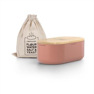 LARS NYSM Bread Box I Metal Box with linen bag for long lasting freshness I Bread Bin with bamboo lid usable as cutting board I 14.2x7.5x5.1 In (Brick Red)